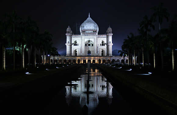 The illuminated Safdarjung Tomb in New Delhi.