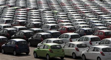 Hyundai cars ready for shipment are seen at a port in Chennai.