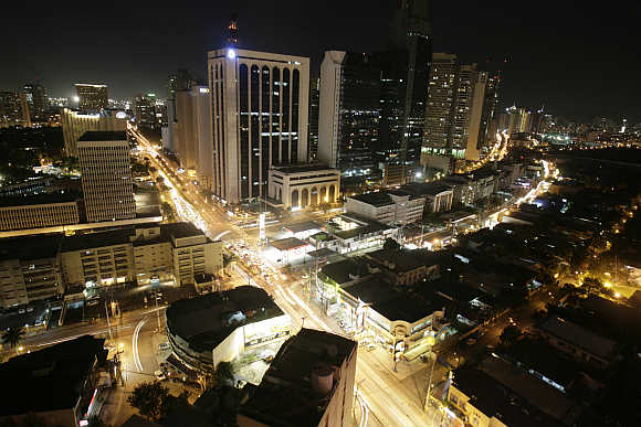 A night view of Manila's Makati financial district in the Philippines.