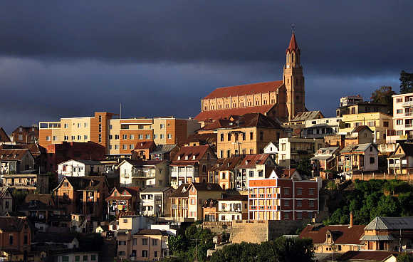A view of Madagascar's old colonial church (at the top of the hill) in the capital Antananarivo.