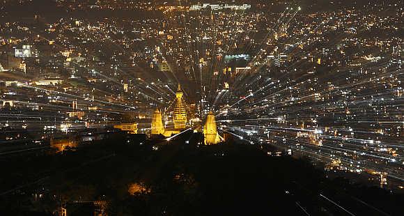 Swyambhu Nath Stupa is illuminated on the second day of the Tihar festival in Kathmandu, Nepal.