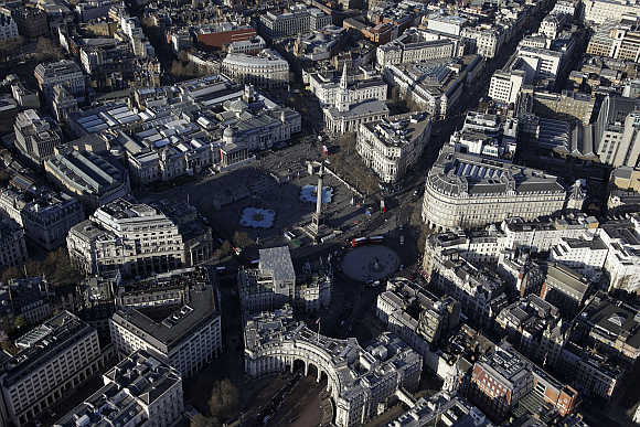 An aerial view shows Trafalgar Square in London.