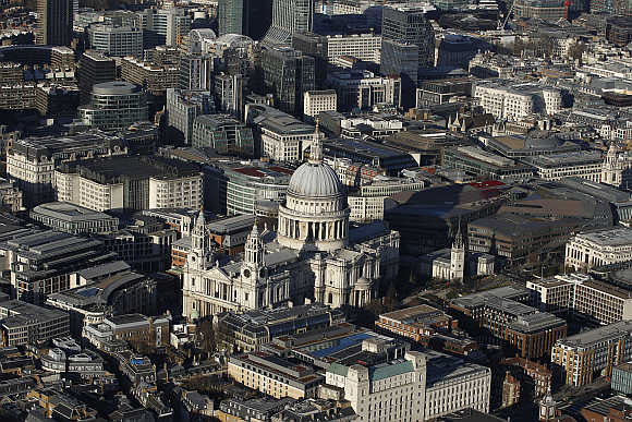 An aerial view shows St Paul's Cathedral in London.