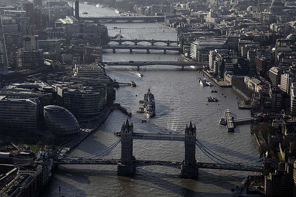 An aerial view shows Tower Bridge in London.