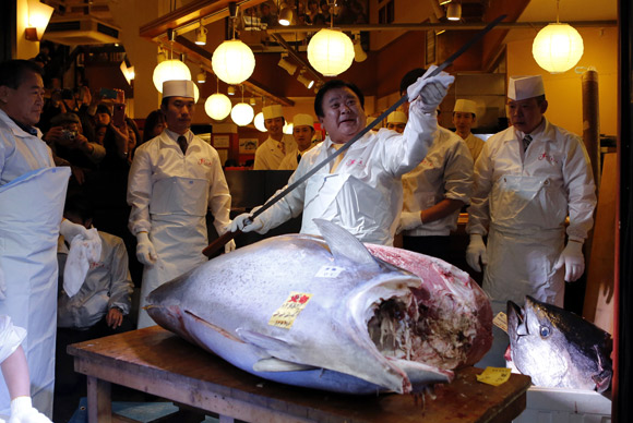 Kiyomura Co's President Kiyoshi Kimura, who runs a chain of sushi restaurants, wipes a sword as he cuts a 222 kg (489 lbs) bluefin tuna at his sushi restaurant outside Tsukiji fish market in Tokyo.