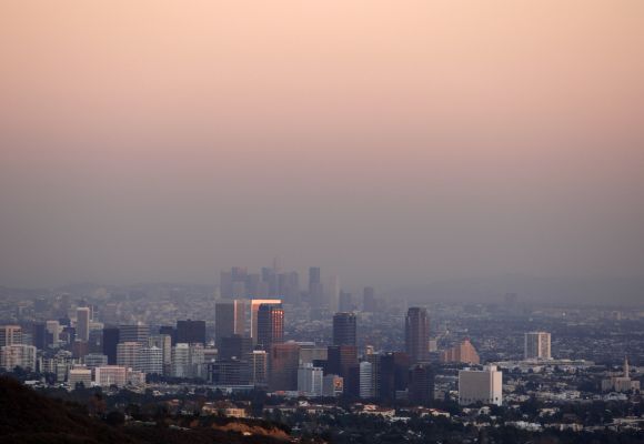 Century City and downtown Los Angeles are seen through the smog in December.