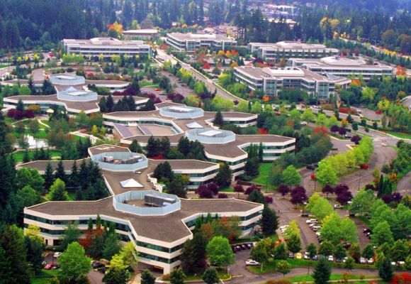 An aerial view of Microsoft's main campus in Redmond, Washington.
