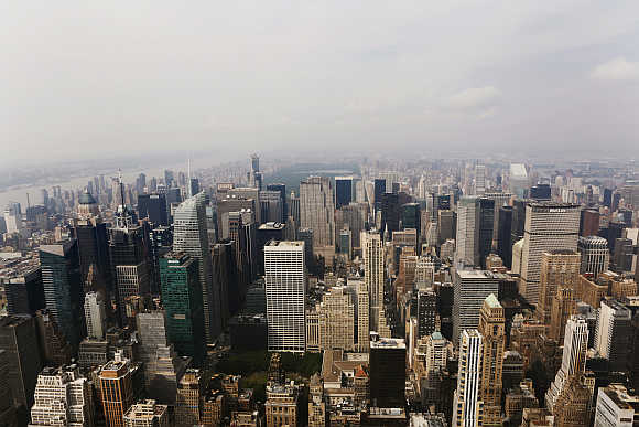 A view from the observation deck of the Empire State Building of midtown Manhattan, Rockefeller Center and Central Park in New York.