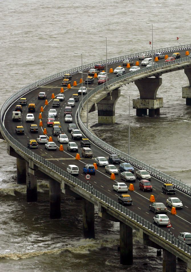 Traffic moves along the newly built Bandra-Worli sea link in Mumbai.