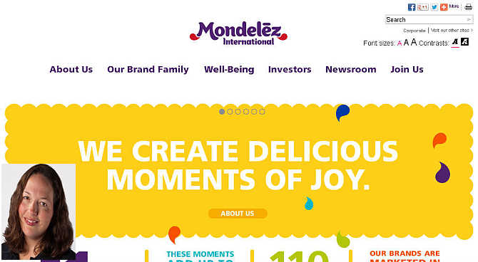 Homepage of Mondelez International. Inset, Tiffany Sepanski.