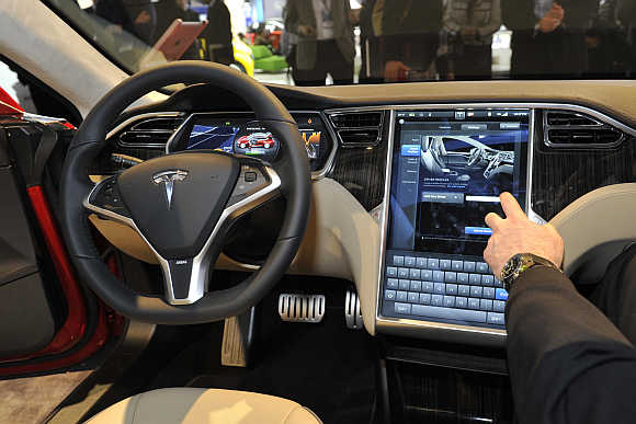 View of the interior of Tesla Model S in Detroit, Michigan.