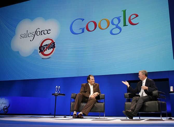 Salesforce CEO Marc Benioff with Google's Eric Schmidt in San Francisco, California.