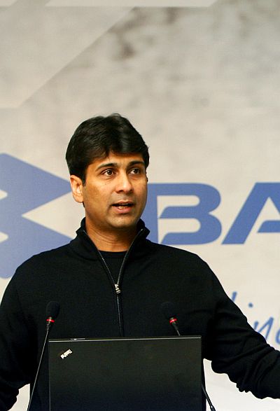 Managing Director of Bajaj Auto Rajiv Bajaj speaks during a news conference.