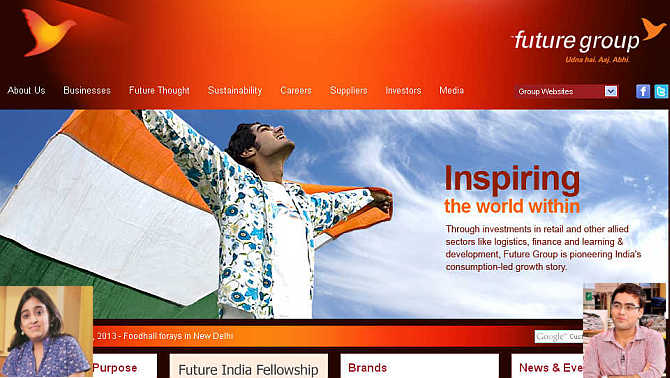Homepage of Future Group. Inset, Ashni, left, and Vivek Biyani, right.