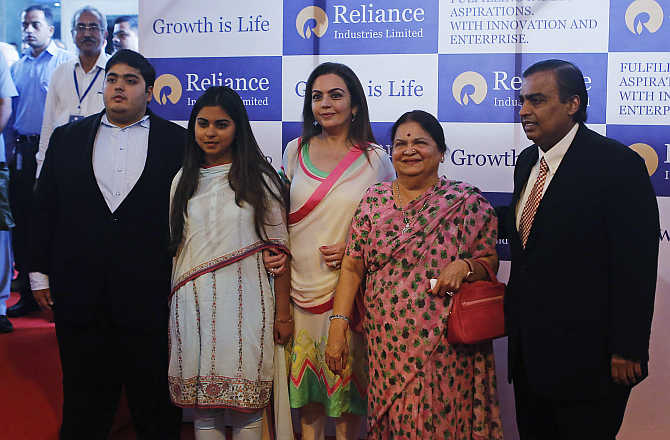 Mukesh Ambani with son Akash, daughter Isha, wife Nita and mother Kokilaben in Mumbai.