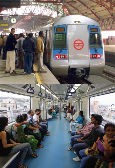 Delhi Metro (top), Commuters ride inside a carriage of a Namma Metro (below).
