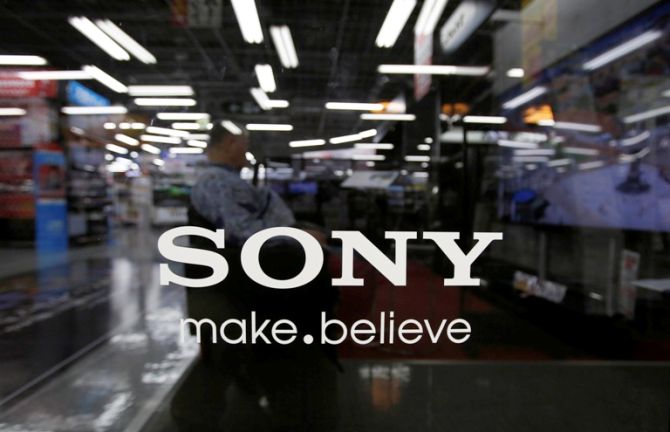 The logo of Sony Corp. is seen at an electronics store in Tokyo.