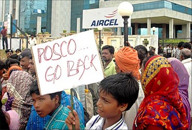 Villagers protest against the Posco plant.