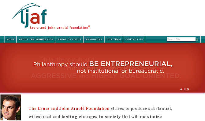 Homepage of Arnold Foundation. Inset, John Arnold