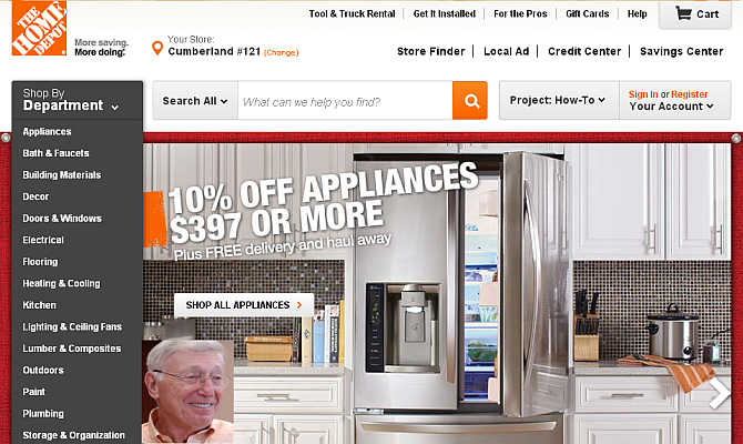Homepage of Home Depot. Inset, Bernard Marcus.