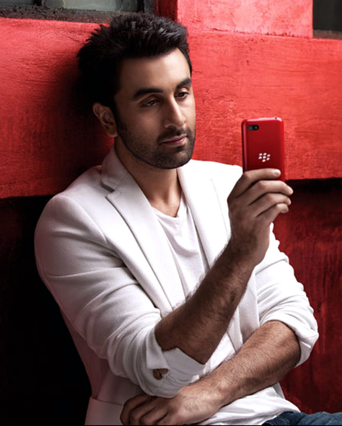 Bollywood actor Ranbir Kapoor with a Blackberry phone.