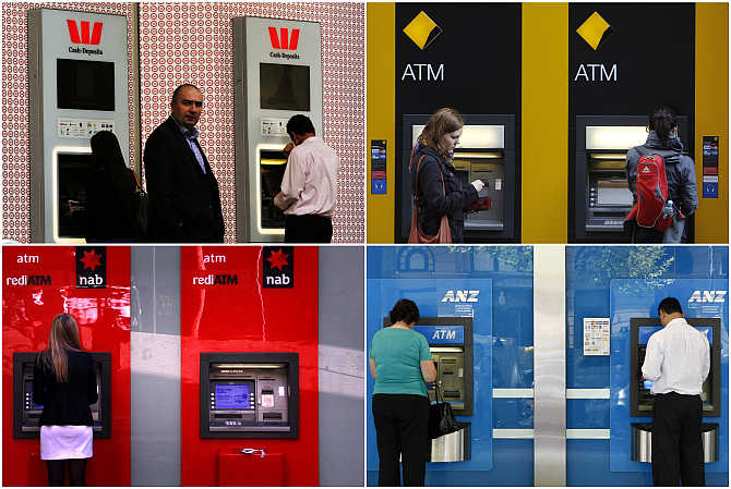 A combination of photographs shows people using ATMs in Australia.