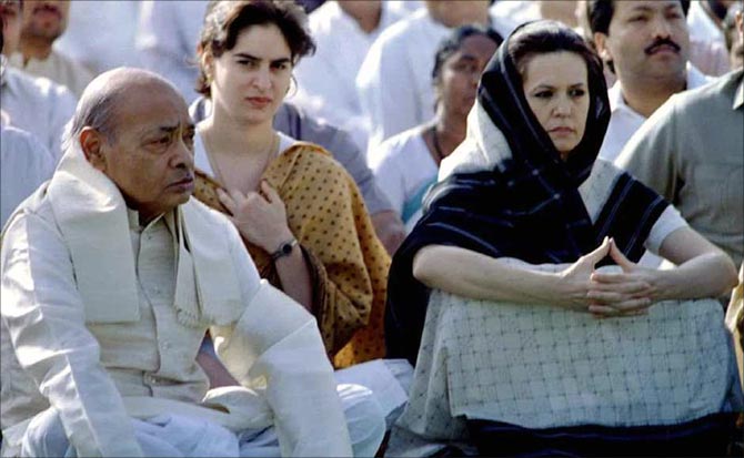 Sonia Gandhi with Congress president and then Prime Minister Narasimha Rao at a prayer ceremony in 1995.