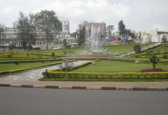 A water fountain is seen in the middle of a roundabout in Rwanda's capital Kigali.