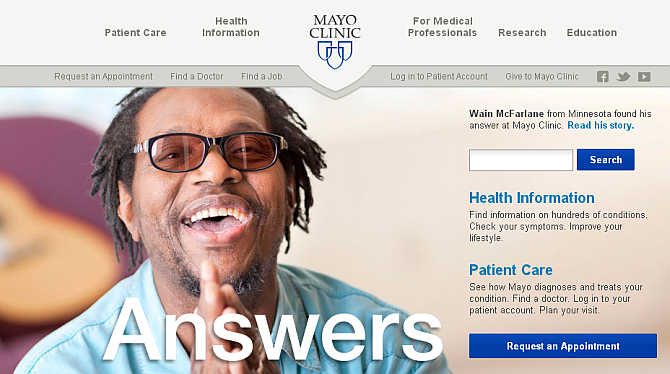 Homepage of Mayo Clinic.