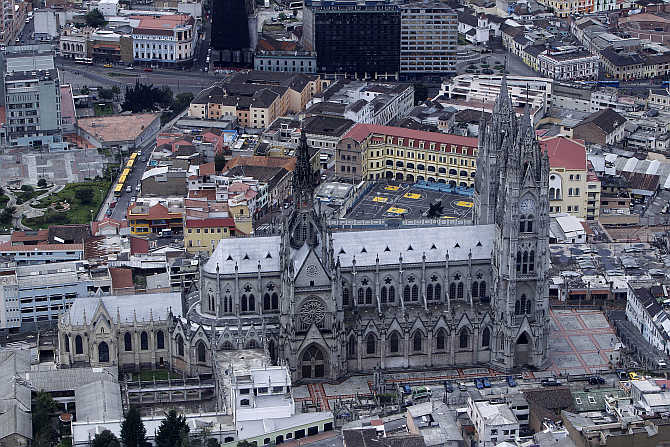 An aerial view shows Quito's Basilica church.