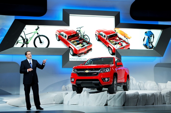 President of General Motors North America Mark Reuss introduces the new 2015 Chevrolet Colorado truck at the 2013 Los Angeles Auto Show in Los Angeles, California, November 20, 2013.