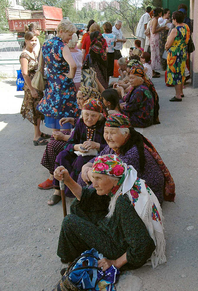 People wait in a queue to get their pensions and other payments in Ashgabat, Turkmenistan.