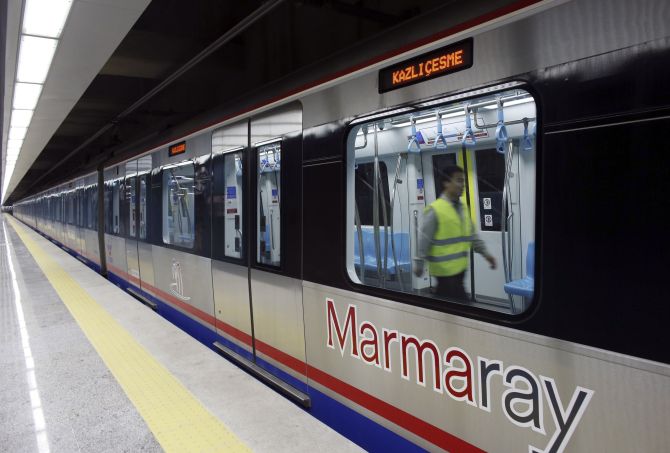 An engineer performs a last check on a train of Marmaray, a subway which links Europe with Asia some 60 metres below the Bosphorus Strait, in Istanbul.
