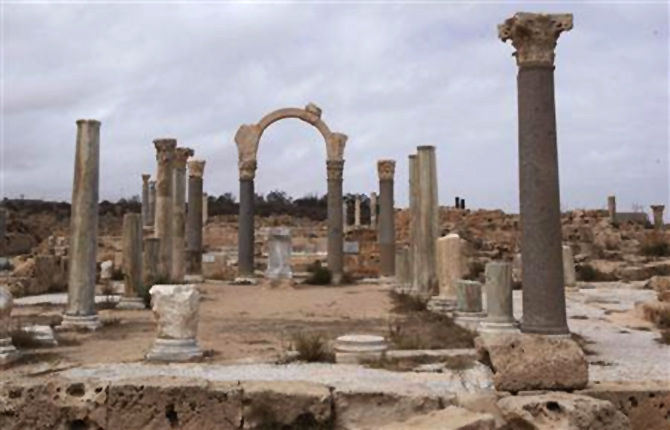 Old Roman ruins stand in the ancient archeaological site of Sabratha on Libya's Mediterreanean coast.