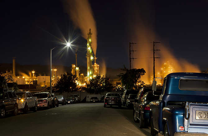 ConocoPhillips oil refinery lights up a neighbourhood in San Pedro, California.