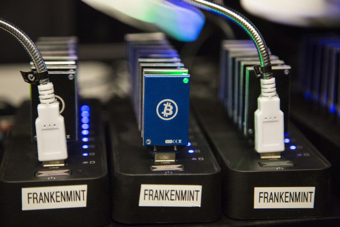 A chain of block erupters used for Bitcoin mining is pictured at the Plug and Play Tech Center in Sunnyvale, California.