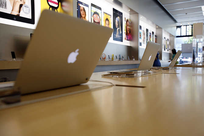 MacBook Air laptops on display at an Apple Store in Pasadena, California.