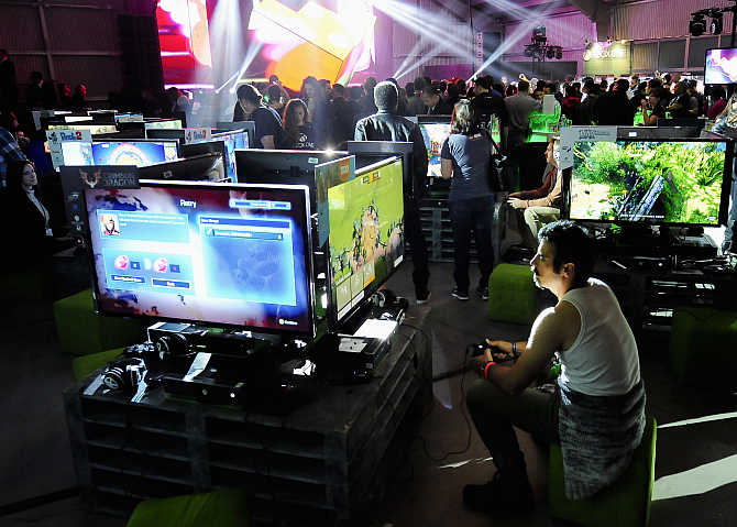 Xbox fans play the latest games in Los Angeles, California.