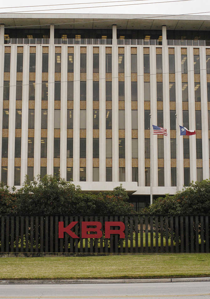 A KBR sign adorns the Halliburton corporate headquarters near downtown Houston, Texas.