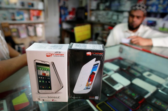 Micromax mobile phones are displayed at a mobile store in Mumbai.