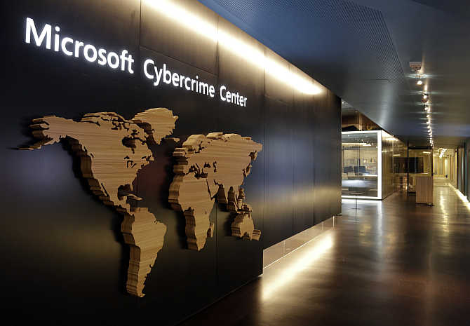 A sign is pictured in the hallway of the Microsoft Cybercrime Center, the headquarters of the Microsoft Digital Crimes Unit, in Redmond, Washington.