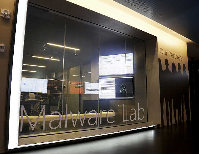 A malware lab is pictured inside the Microsoft Cybercrime Center, the headquarters of the Microsoft Digital Crimes Unit, in Redmond, Washington.