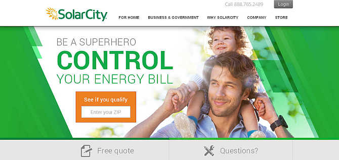 Homepage of SolarCity website.