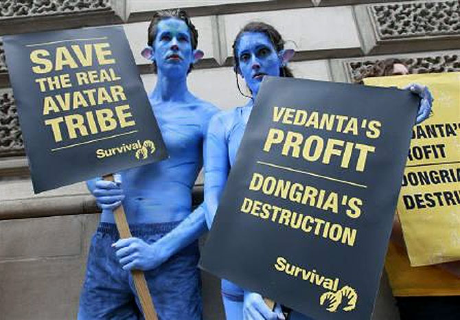 Demonstrators, dressed as characters from the film Avatar, protest against British mining company Vedanta Resources.