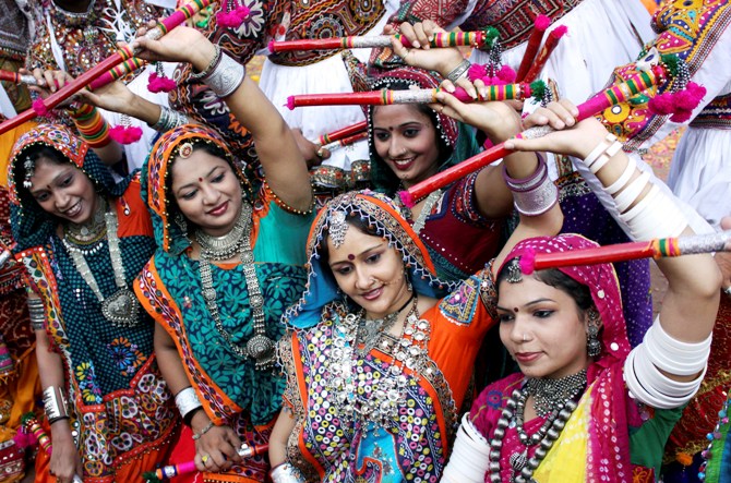 People take part in rehearsals for the garba dance ahead of Navratri festival in Ahmedabad.