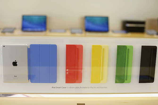 A collection of iPad Smart Covers are seen at the Apple store in San Francisco, California.