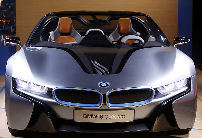 BMW i8 Concept Spyder hybrid gas/electric car on display in New York.