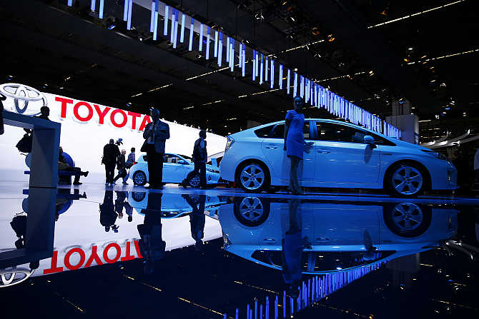 Toyota Prius hybrid car on display in Frankfurt, Germany.