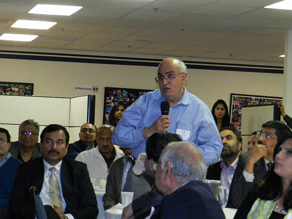 Kanwal Rekhi, Managing Director, Inventus Capital Partners, asks a question to Kapil Sibal at the TiE event in Silicon Valley in California.