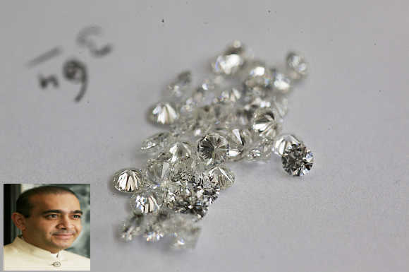 Diamonds on the trading floor of Israel's exchange in Ramat Gan near Tel Aviv. Nirav Modi, inset.